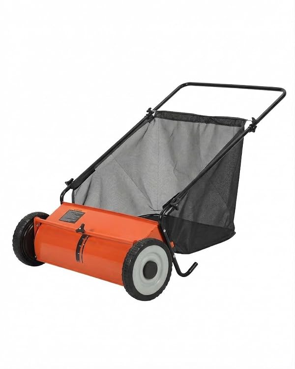 Takywep 26-Inch Push Lawn Sweeper, Anti-Rust Steel Frame, 4 High-Density Brushes, Adjustable Height, 7 Cu.Ft Collection Bag for Yard Debris (Orange & Black) by Takywep - Used condition - US$102.19