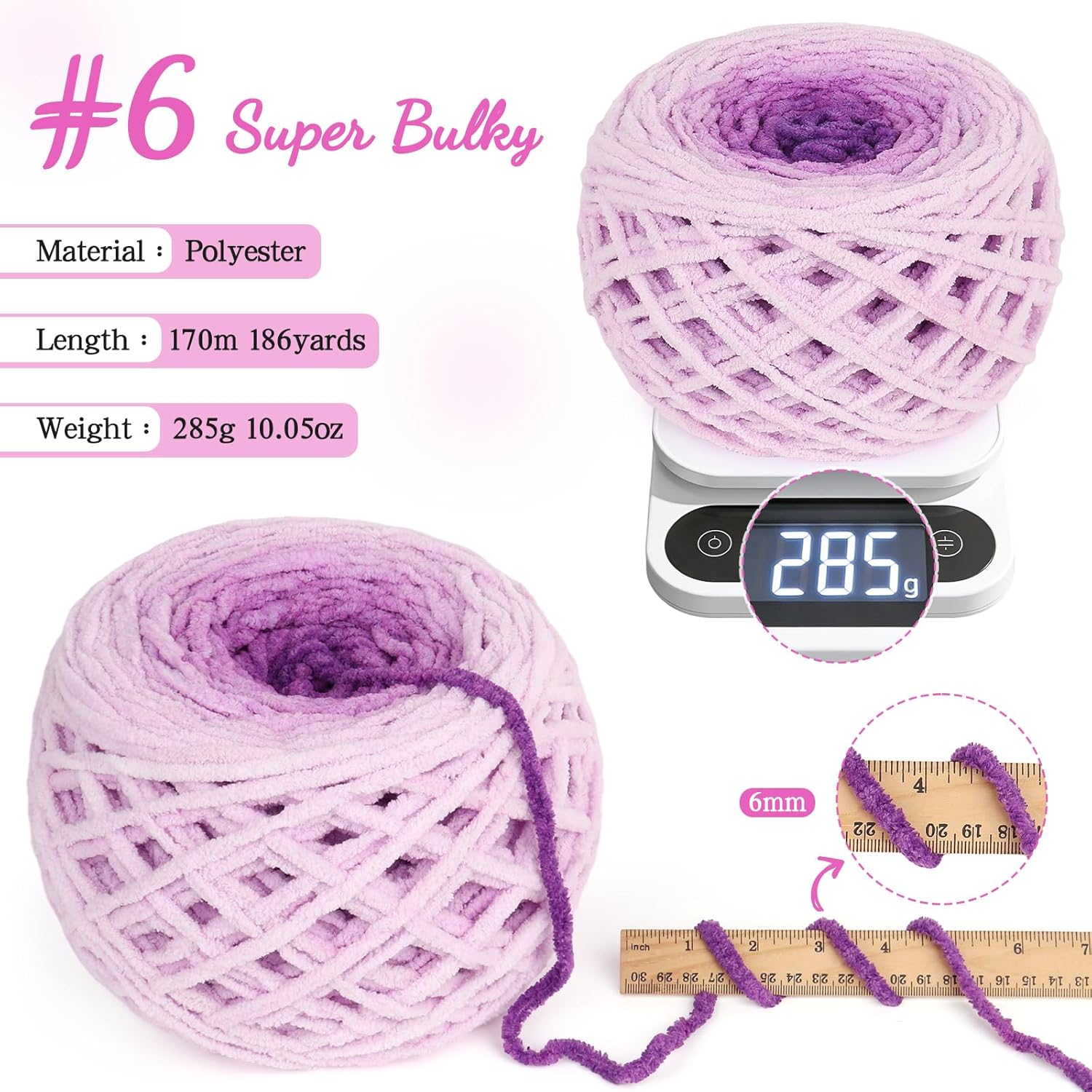 Katech Fluffy Ombre Yarn for Crocheting-2 Pcs of 285g/10.05oz-#6 Super Bulky Velvet Chenille Yarn for Knitting, Soft Fuzzy Gradient Cake Yarns for Baby Blanket, Scarf, Throw Pillow, Doll, hat(Purple)