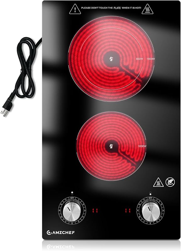12Inch 2 Burner Electric Cooktop, 1800W/11Levels 2 Burners Stove Top With Knob Control Countertop & Built-in Radiant Electric Stove with Residual Heat Indicator | 2 burners: 1000W + 800W, 11 power levels. ,Built-in/Countertop, Residual heat indicator. Works with all cookware