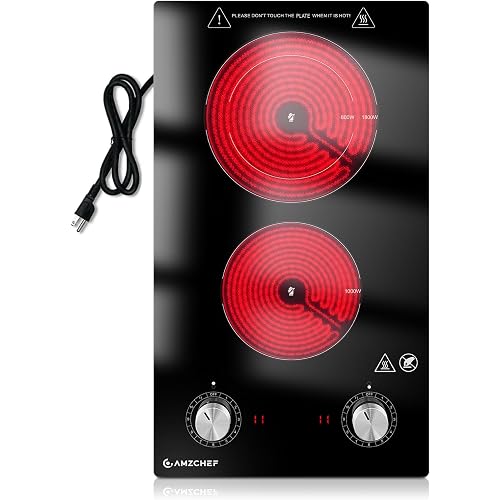 AMZCHEF 12Inch 2 Burner Electric Cooktop, 1800W/11Levels 2 Burners Stove Top With Knob Control Countertop & Built-in Radiant Electric Stove with Residual Heat Indicator | 2 burners: 1000W + 800W, 11 power levels. ,Built-in/Countertop, Residual heat indicator. Works with all cookware