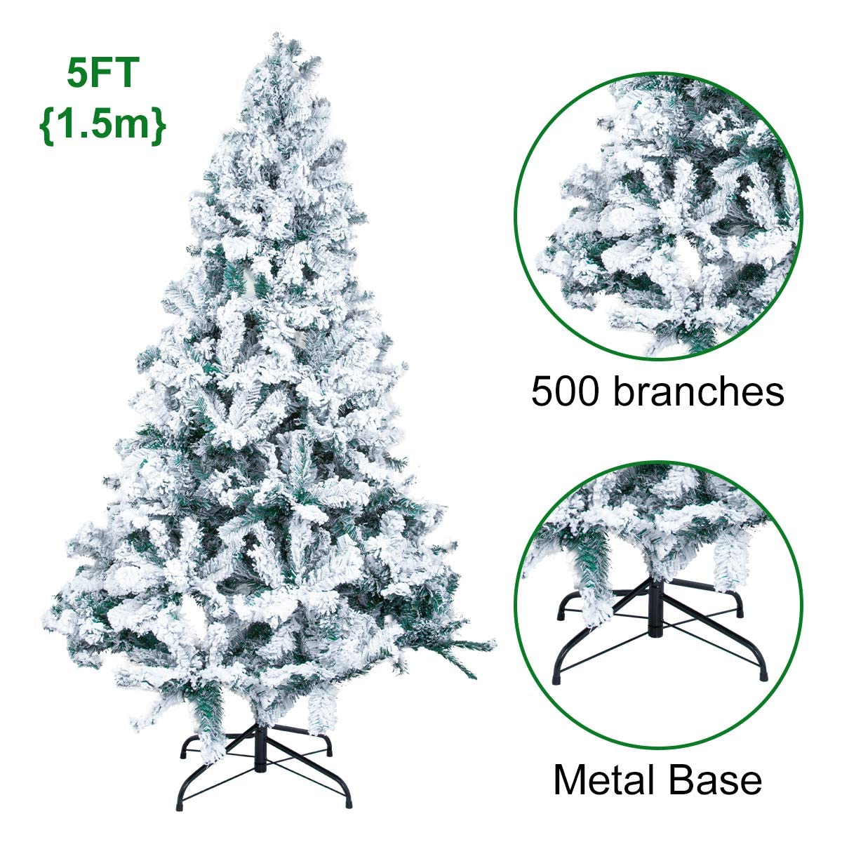 Sapin de Noël enneigé de 1,5 m, Blanc et Vert avec Pommes de pin, Support en métal Massif pour décoration de Noël