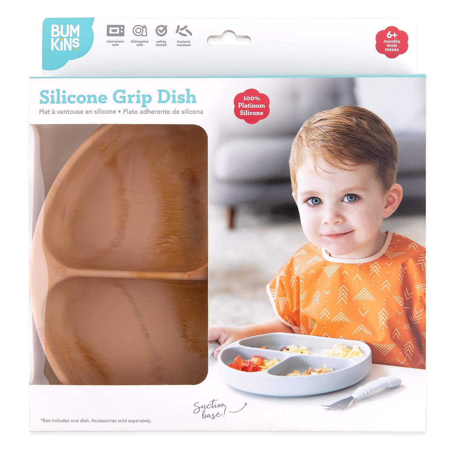 Bumkins Toddler and Baby Suction Plate, Silicone Divided Grip Dish for Babies and Kids, Baby Led Weaning, Children Feeding Supplies, Non Skid Sticky Bottom, Platinum Silicone, 6 Months Up, Woodgrain
