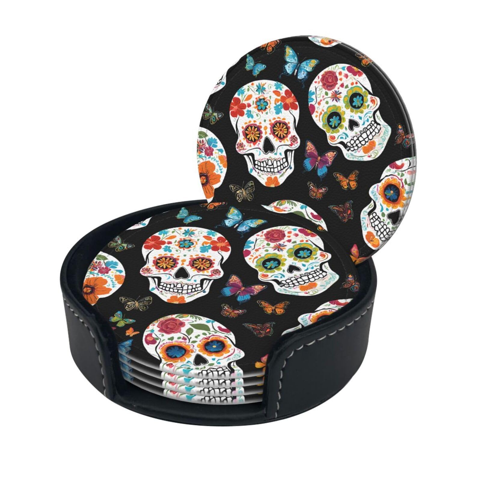 Sugar Skulls Print Coaster,Round Leather Coasters with Storage Box for Wine Mugs,Cold Drinks and Cups Tabletop Protection (6 Piece)