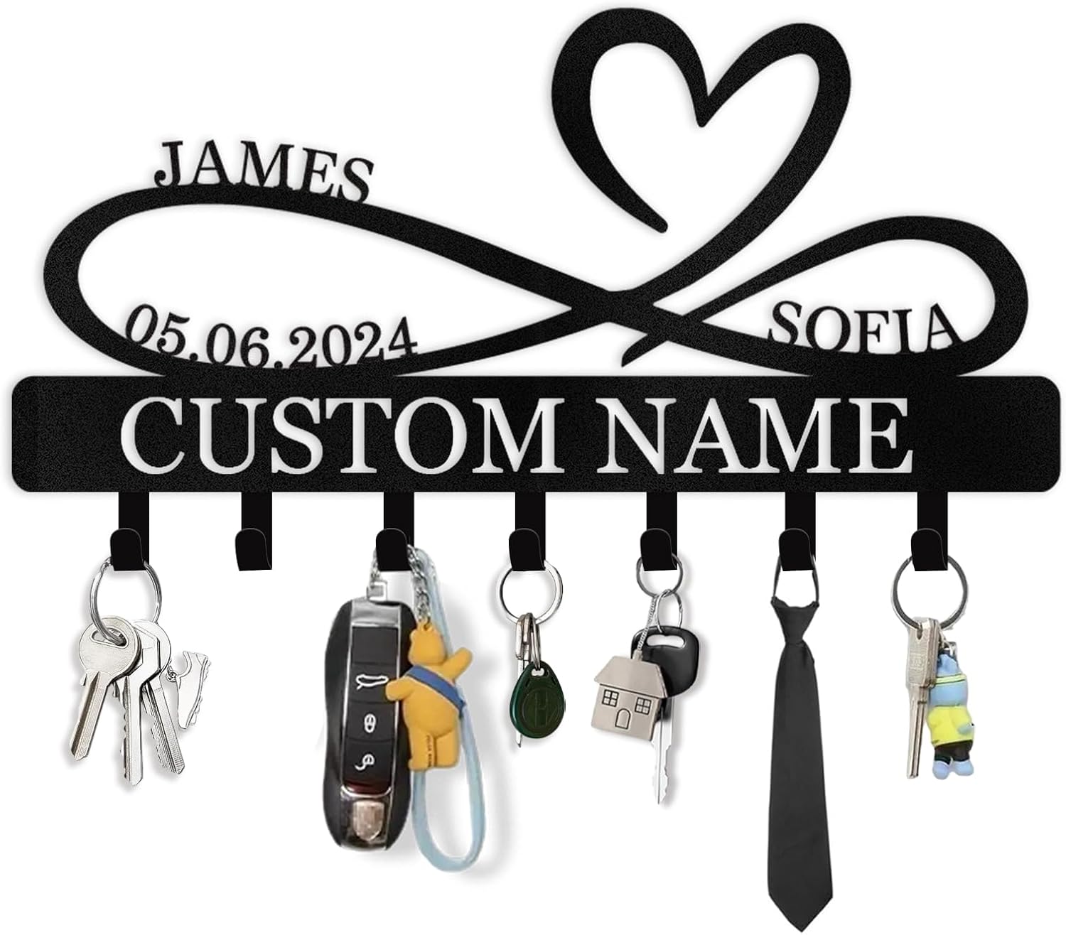 Personalized Metal Infinity Heart Key Hooks, Custom Couple's Name Key Holder Wall Mount, Key Hook Coat Rack, Key Holder Wall Hanging, Love Shape Wedding Housewarming Gift