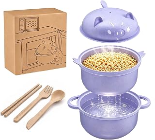 Piggy Microwave Ramen Bowl Set, 45oz, Purple | With Strainer and Utensils, Wheat Straw Material, Back to School Gift for Dorm College