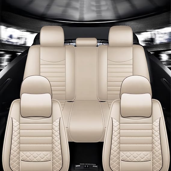 5-Seats Leather Car Seat Covers for Jeep Wrangler JK/JL JKU/JLU 4-Door 2007-2025 Unlimited X Rubicon 392 Sahara Willys Sport High Altitude 4X4,Waterproof Auto Seat Cover Protectors(Beige,Pillow)
