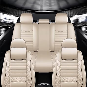 5-Seats Leather Car Seat Covers for Jeep Wrangler JK/JL JKU/JLU 4-Door 2007-2025 Unlimited X Rubicon 392 Sahara Willys Sport High Altitude 4X4,Waterproof Auto Seat Cover Protectors(Beige,Pillow)