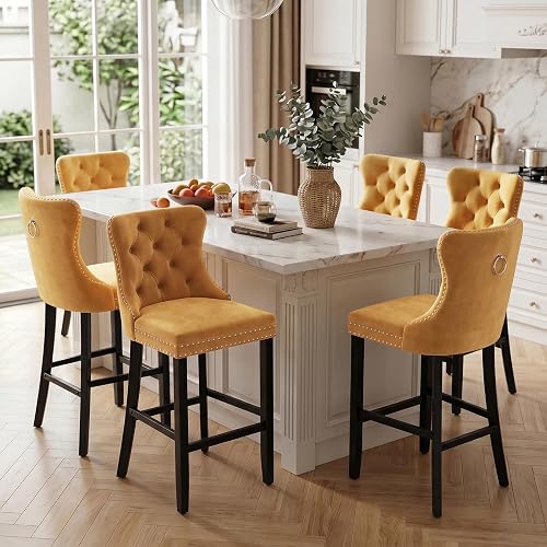 SoarFlash Modern Velvet Upholstered Bar Stools Set of 6 with Wood Legs, Button Tufted,Chrome Nailhead, Counterstool Seat, Armless Bar Chairs (Gold)