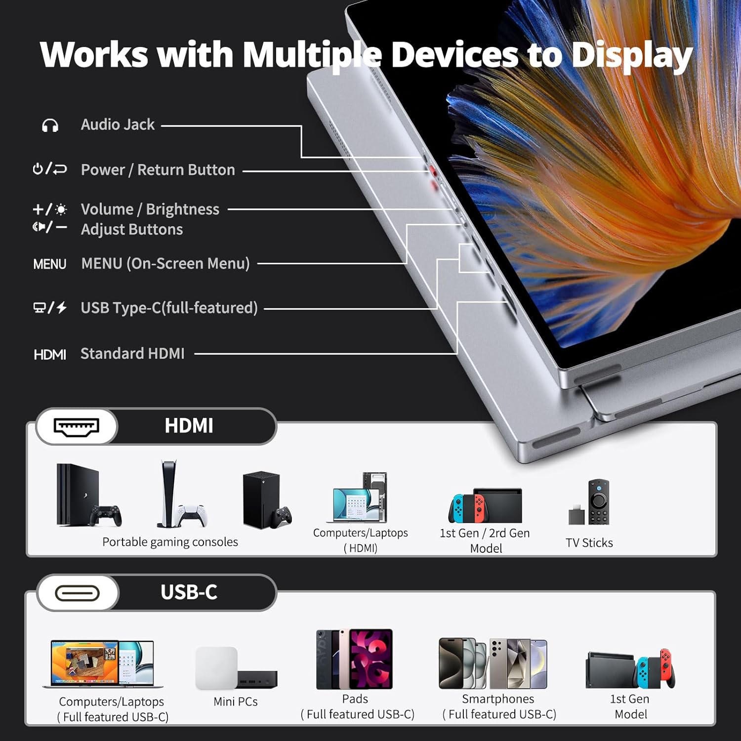 Intehill 16" 2.5K Touchscreen Portable Monitor, 120Hz Portable Gaming Monitor w/HDR & Freesync, 16:10 Display with Full Laminated Tempered Glass, Touch Screen Travel Monitor for Laptop, T16KB (Silver)