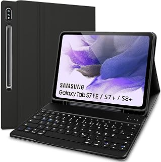 Tastatur Hülle für Samsung Tab S7 FE/ S7+/S7 Plus/S8 Plus 2022 12,4 Zoll, Schutzhülle mit Pencil Halter QWERTZ Layout, Magnetisch Abnehmbarer (Schwarz)
