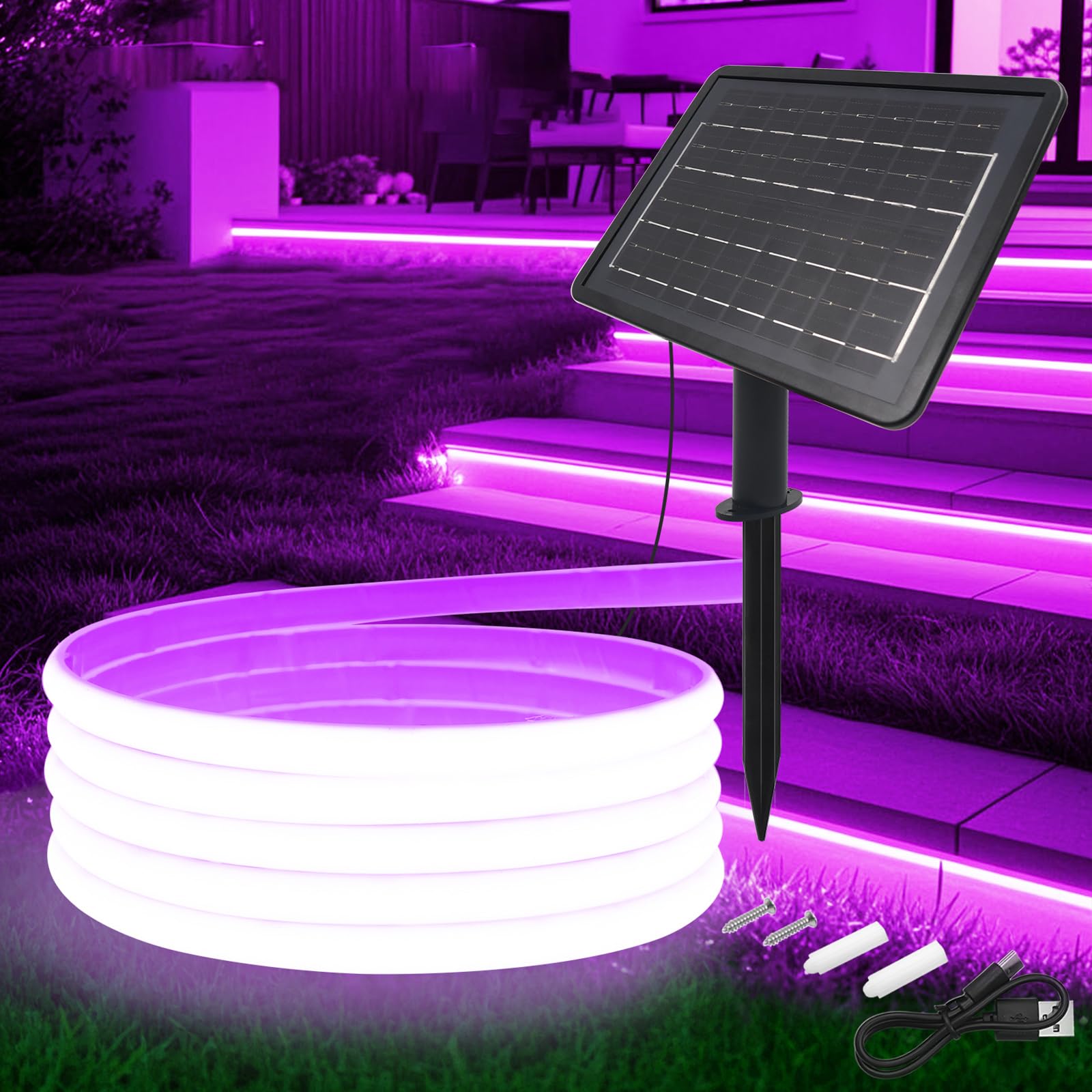 KAFULA 24V COB LED Solar Strip [2m,Purple], 1200MAH Solar Panel Controller, 8 Modes, IP68 Waterproof Flexible Silicone FCOB LED Neon Strip, Bedroom Garden Corridor Decoration — image 1