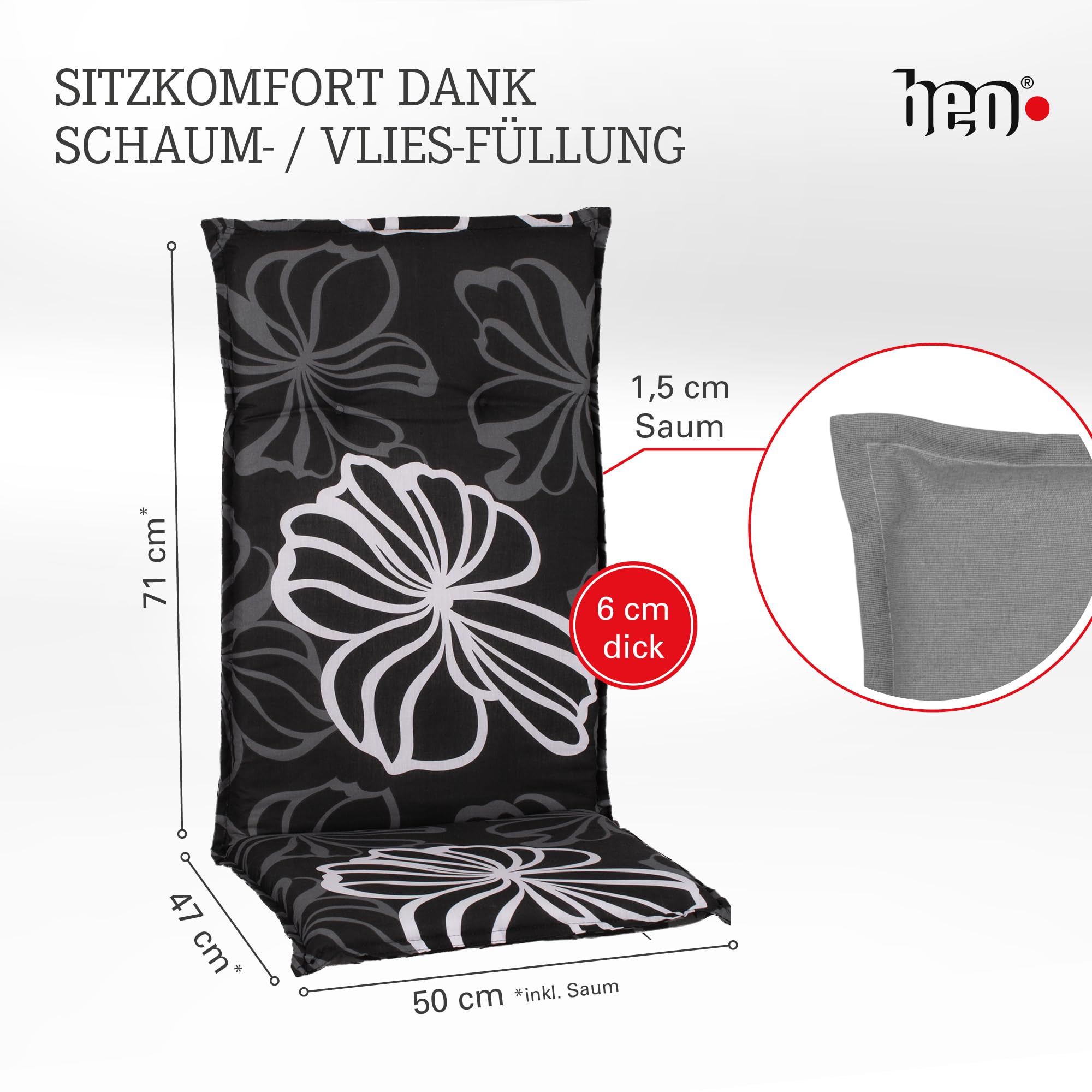 Beo Gartenstuhlauflagen Hochlehner 2er Set Barcelona | Made in EU nach Öko-Tex Standard | Hochlehner Auflagen waschbar | Atmungsaktive Stuhlauflagen Hochlehner mit Blumen in Grau-Schwarz-Weiß