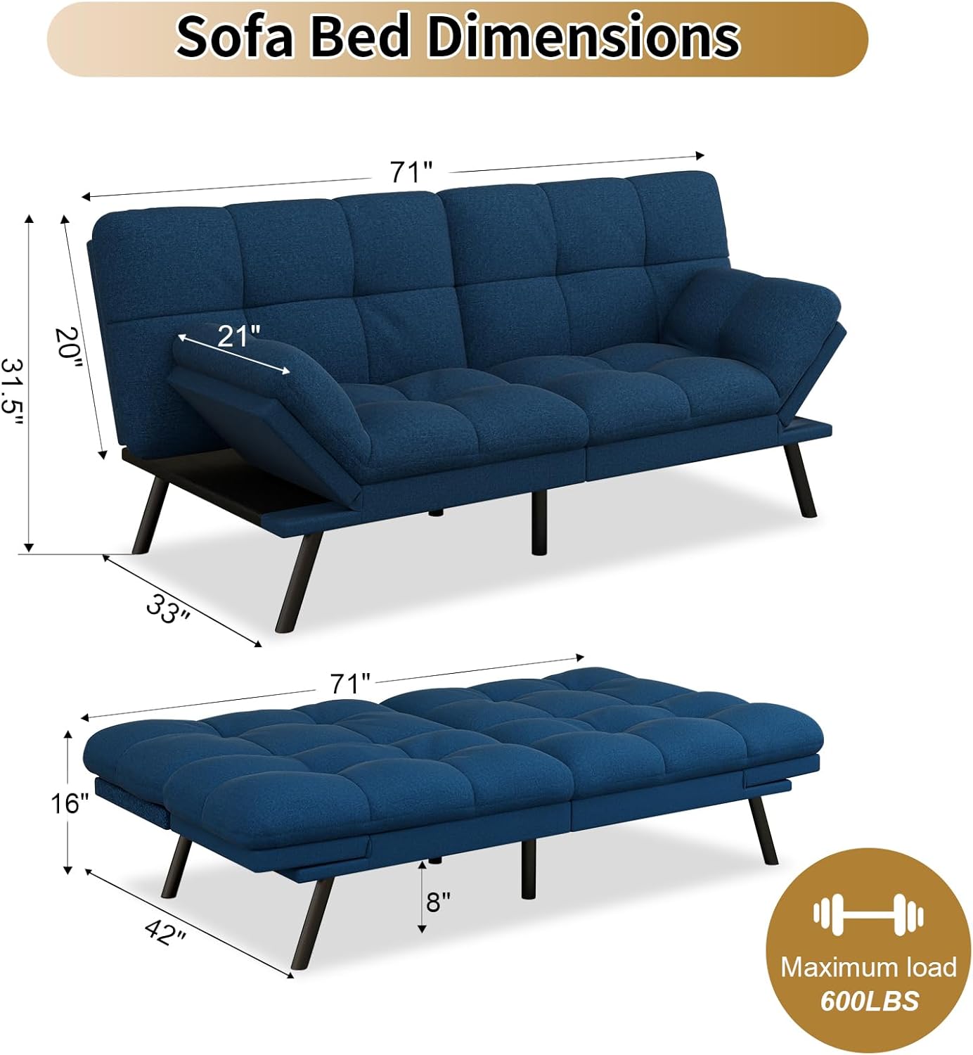 Vipbear 71-Inch Convertible Futon Sofa Bed, Cozy Loveseat Sleeper with Adjustable Back & Arms, Linen Fabric for Living Rooms, Guest Rooms,Blue
