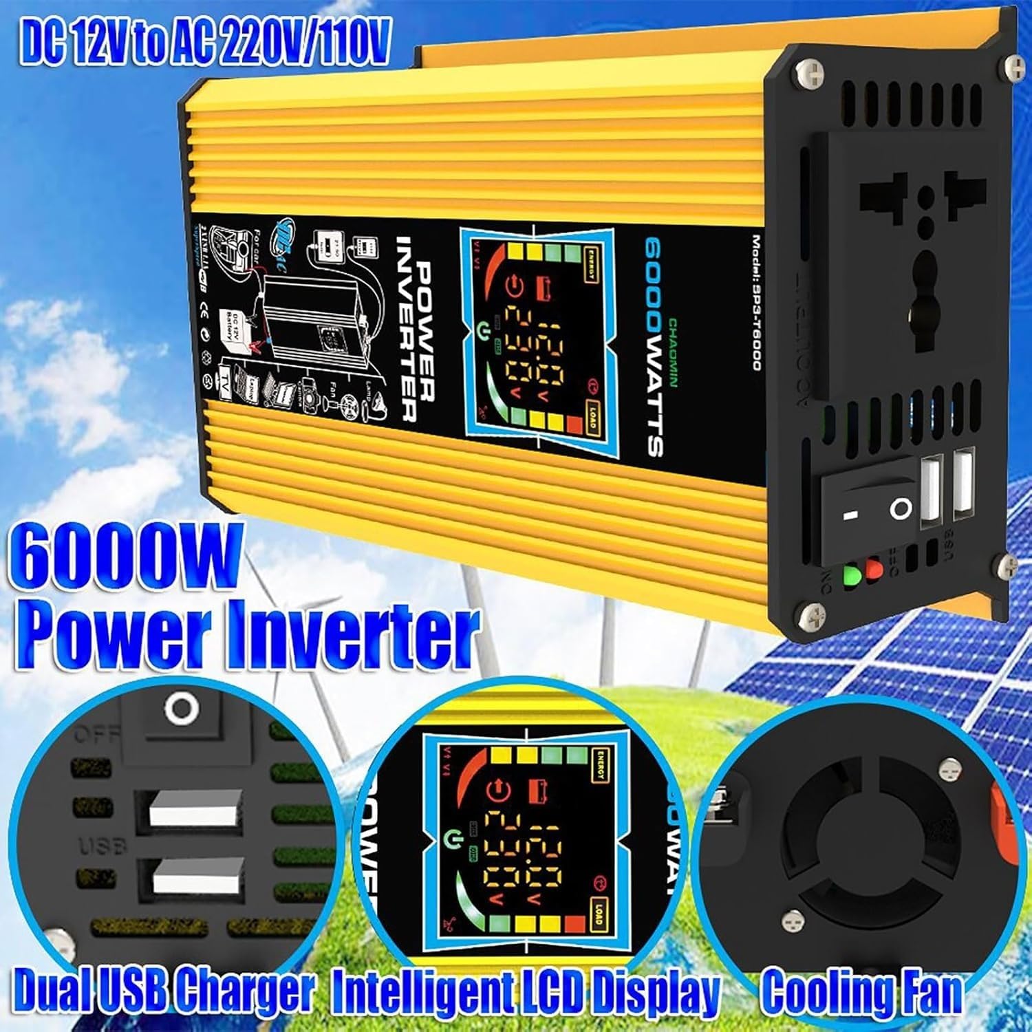 Kit di energia Solare off-Grid da 6000 W con Pannello Solare Impermeabile da 100 W e regolatore di Carica da 50 A for Camper, Barche ed Emergenza(Yellow)