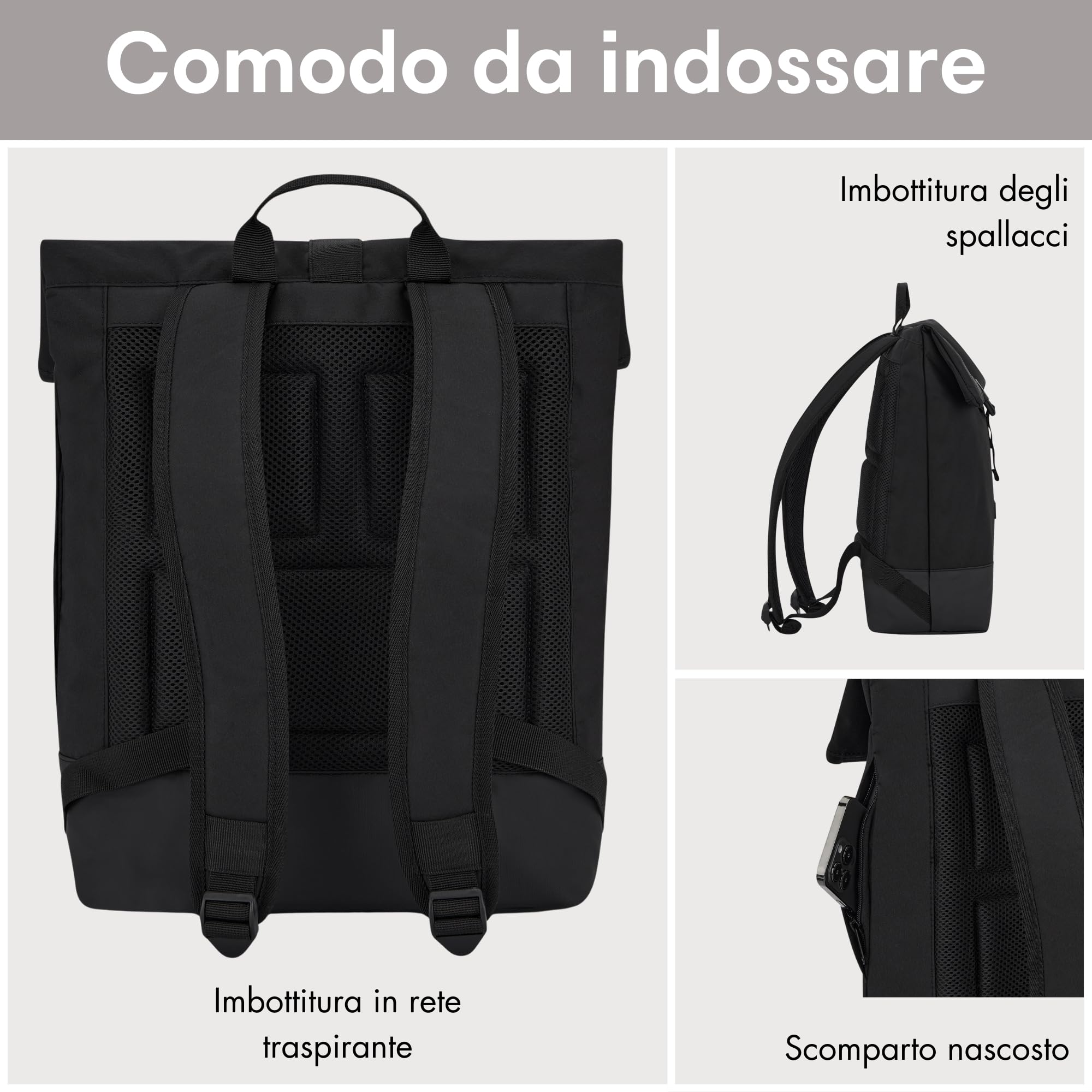 LARKSON Zaino Donna Uomo Nero - Tammo - Borsa per PC Portale, Lavoro, Università e Viaggio - Rolltop Leggero - Impermeabile
