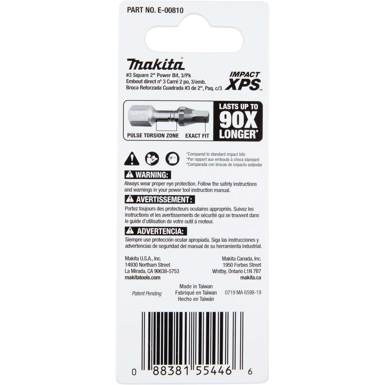Makita E-00810 Impact XPS #3 Square 2" Power Bit, 3/pk