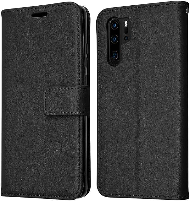 TECHGEAR Compatible with Huawei P30 Pro Leather Wallet Case, Flip Protective Case Cover with Card Slots, Kickstand and Wrist Strap - Black PU Leather fit Huawei P30 Pro