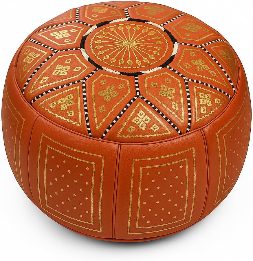 Treasures Of Morocco Handmade Moroccan Leather Pouf Ottoman – 100% Genuine Leather Round Footstool, Comfortable Home Décor Accent, Available in 20 Unique Designs (Turquoise)