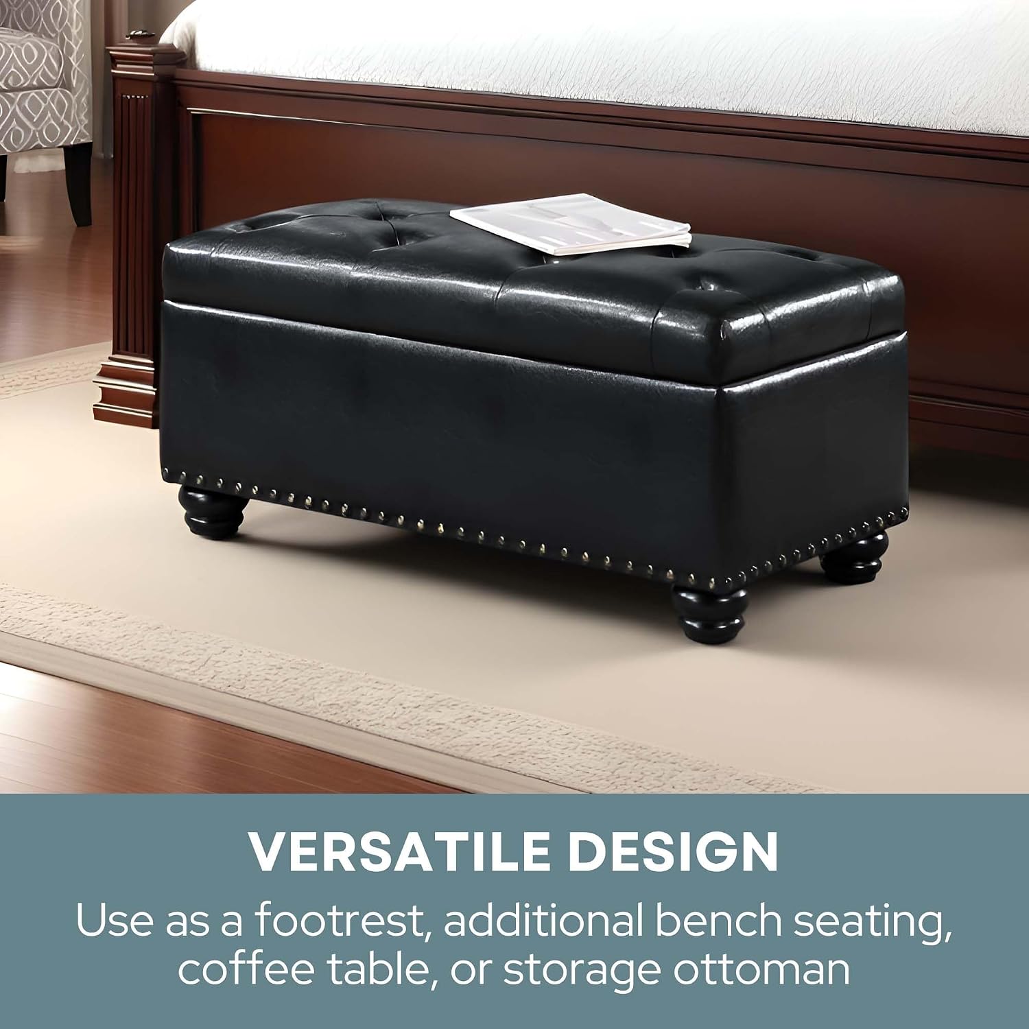 Convenience Concepts Designs4Comfort 7th Avenue Ottoman Bench 35.5" - Modern Upholstered Footstool & Seat with Hinged Lid & Storage, for Living Room, Bedroom, & Entryway, Black Vegan Leather