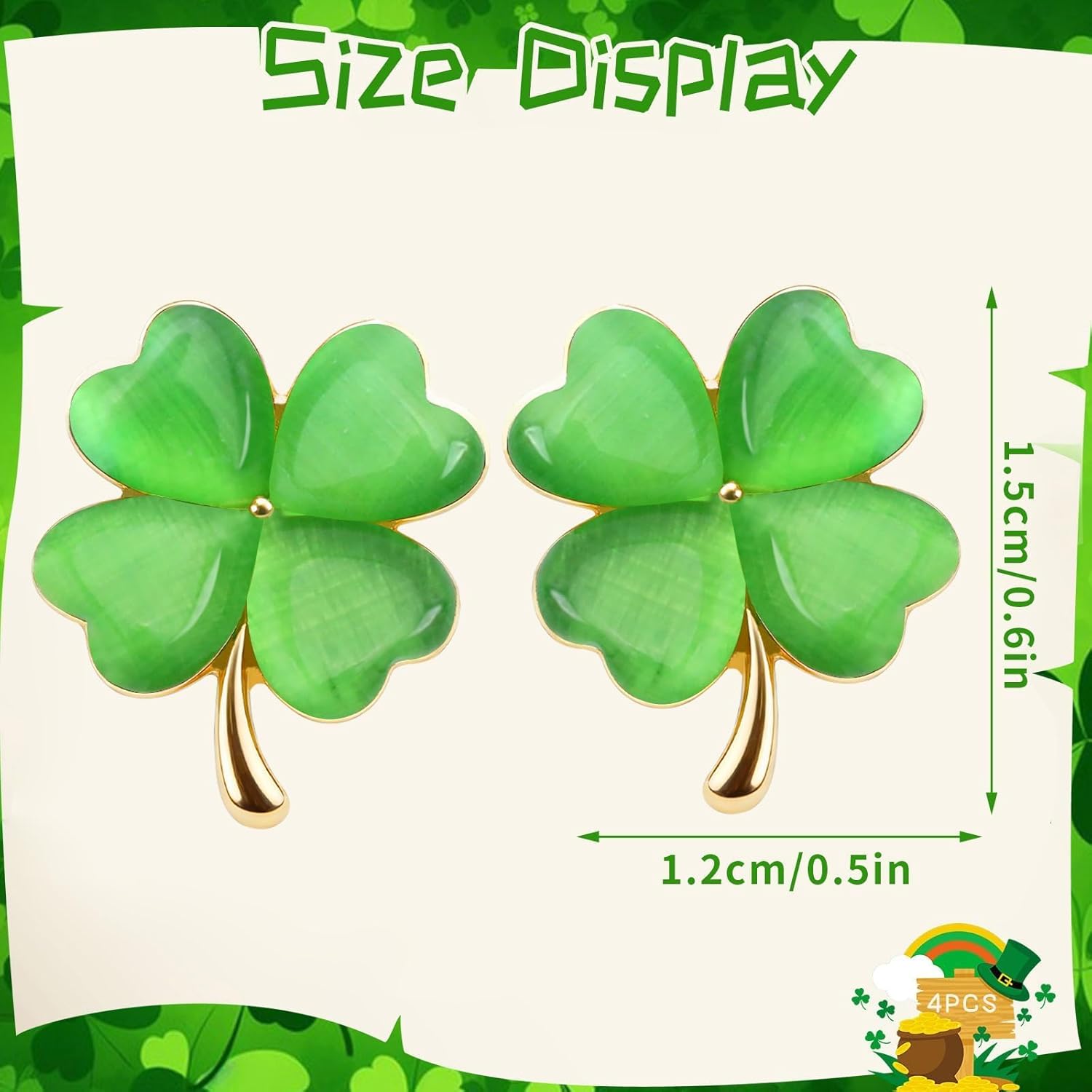 AUGSUN 4-Pair St Patrick's Day Shamrock Stud Earrings for Women, Green Clover Crystal Rhinestone Earrings, Lucky Charm Gift for Festive Celebrations - Image 2