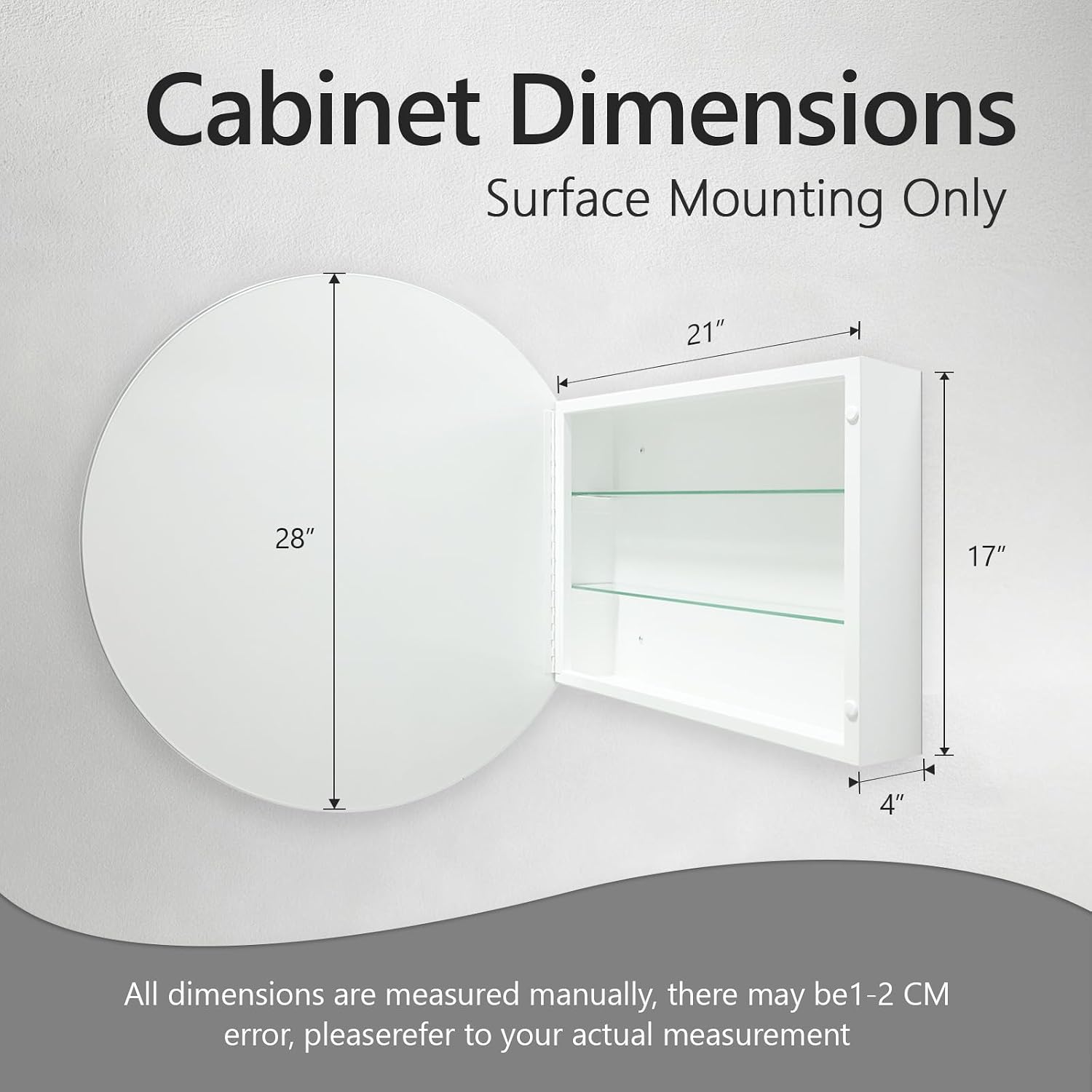 Round Bathroom Medicine Cabinet, 28 Inches Frameless Circle Mirrored Cabinet Wall Mounted Cabinet with Surface Mount Installation