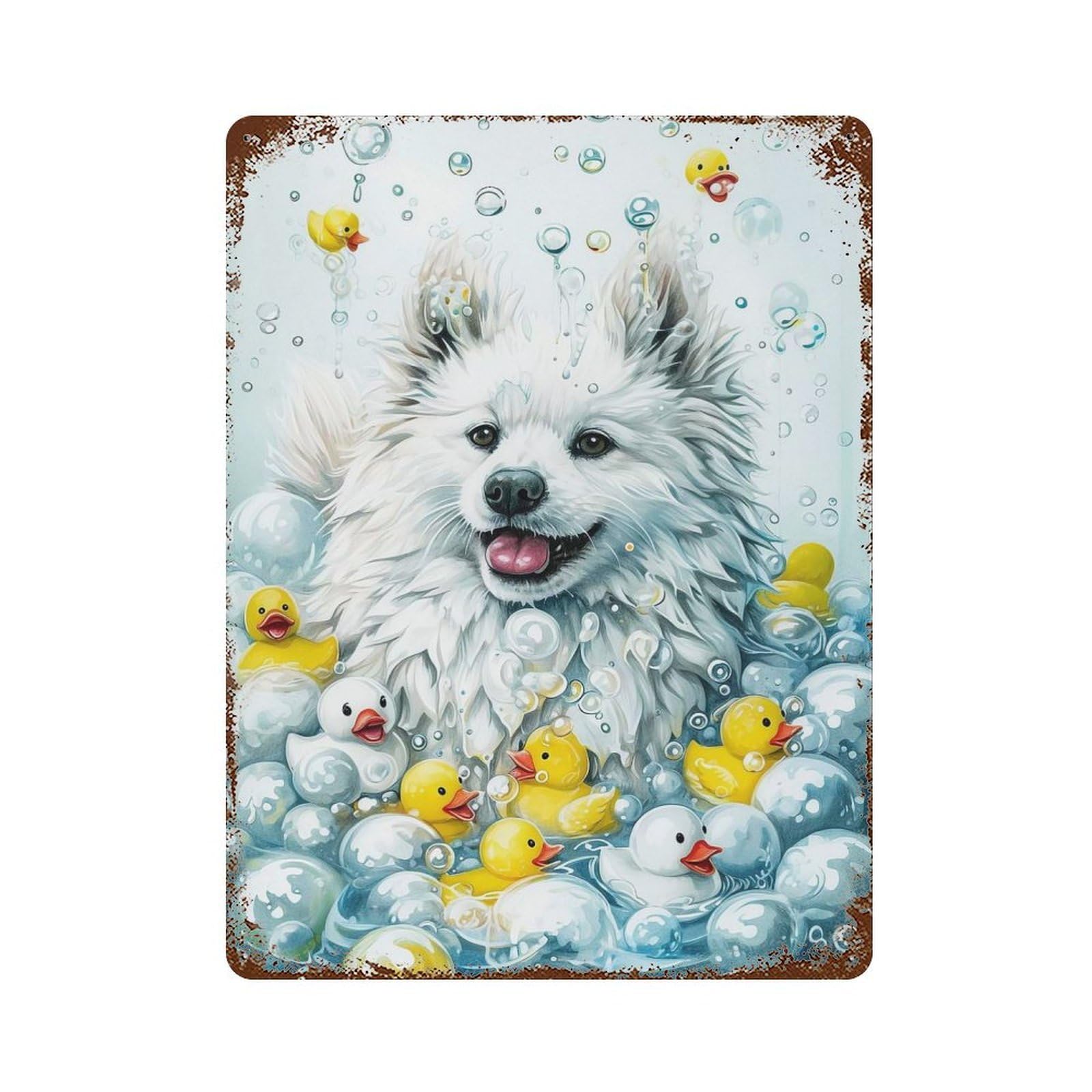 Retro Metal Sign with A American Eskimo Dog Design 15.7"x11.8", for Living Room, Hallway And Home Decor, Farmhouse Wall Decor