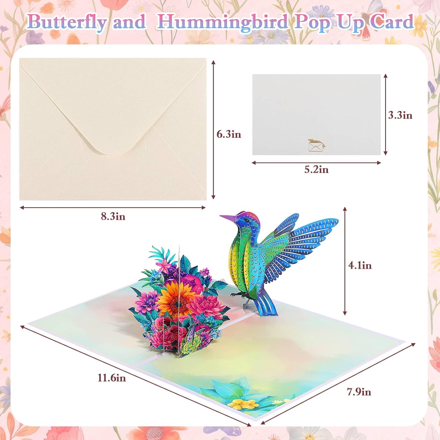 4 Pack Butterfly Flower Pop Up Cards, Hummingbird Birthday Card 3D Greeting Cards for Mother's Day, Graduation, Anniversary, Thinking of You, Get Well, Home Decor, with Envelope and Note - Image 4