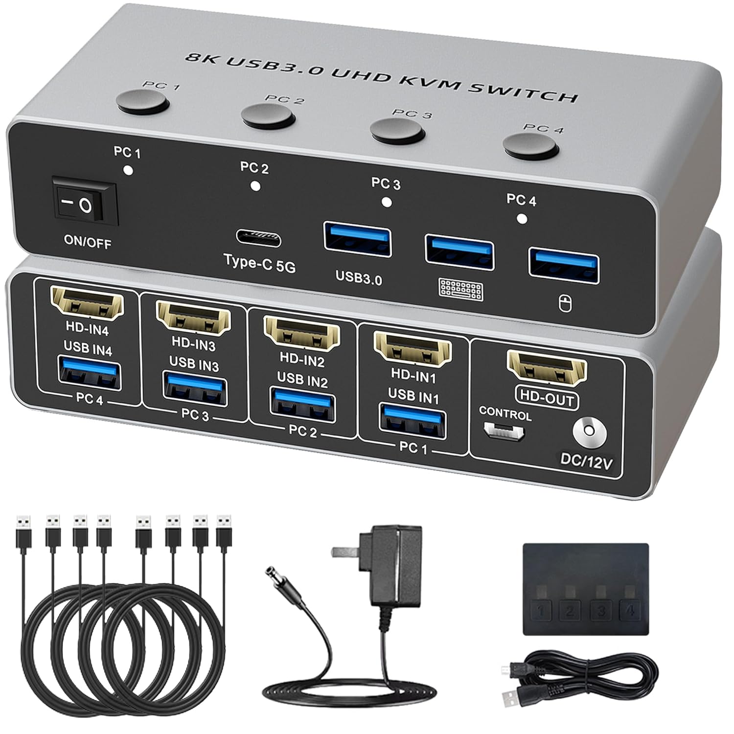 HDMI2.1 KVM Switch 4 Computers 1 Monitor, 8K@60Hz HD 4 in 1 Out, with 3 USB3.0, 1 Type C Outputs, 4 PCs Sharing Monitor, Keyboard Mouse Printer