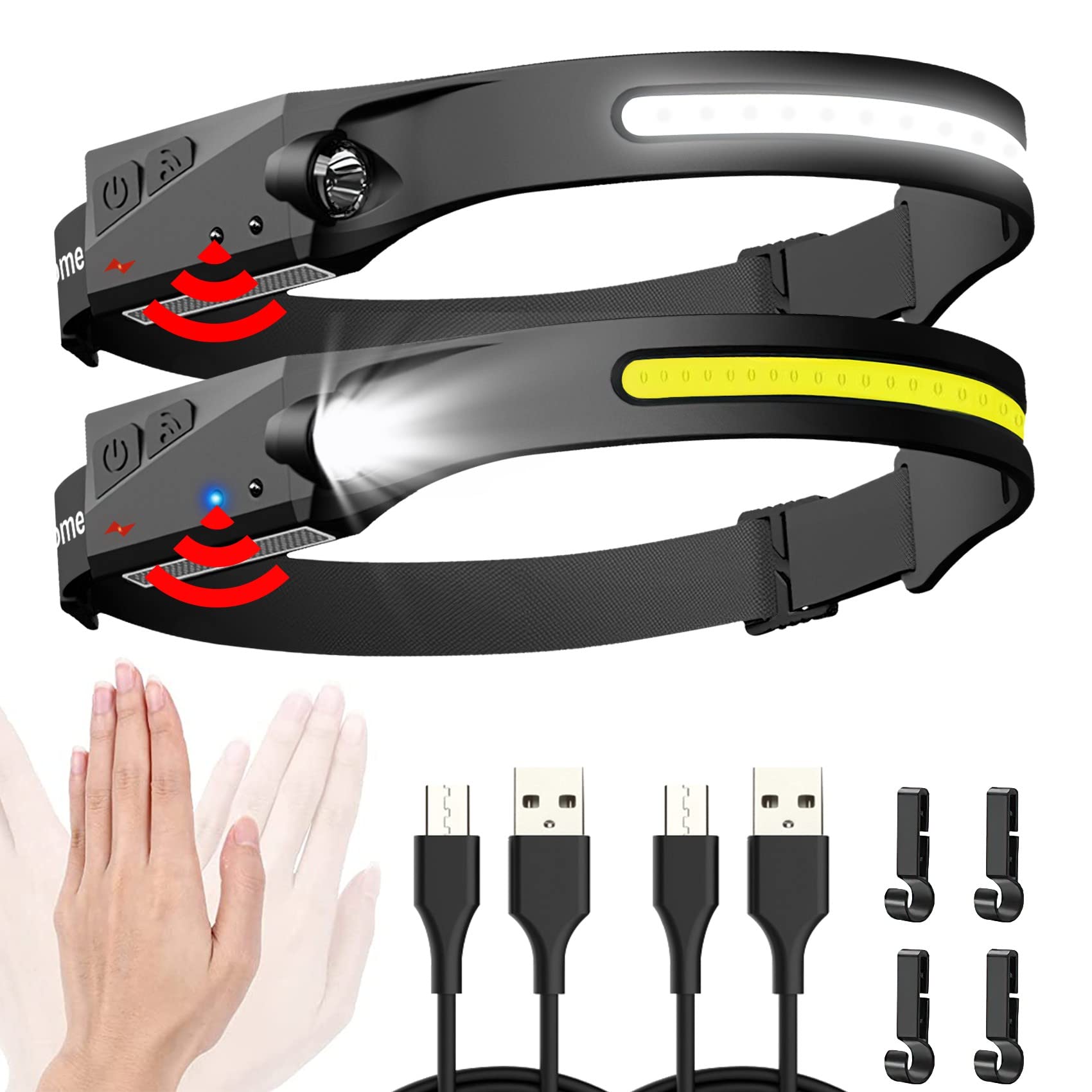 Headlamp Rechargeable 2 Pack, Wide Beam 1000 Lumen Bright Headlamp Flashlight, 6 Modes, 230° Beam Headlight,Motion Sensor, Lightweight Head Lamp with Clips for Camping, Running, Hunting