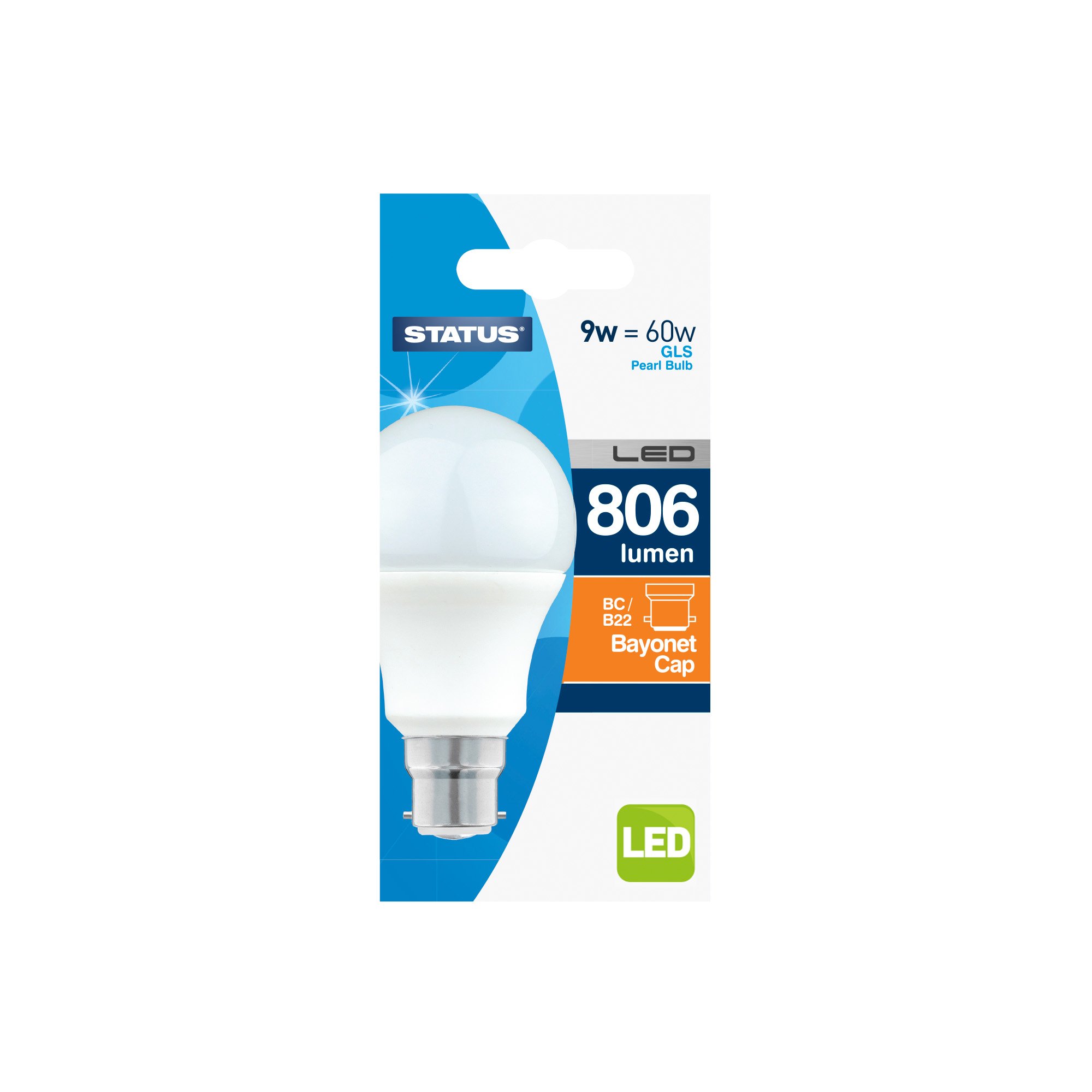 Status Warm White 8W = 60W = 806 Lumens Led - A60 Gls - B22 - Pa - Pearl - 1 Pk Box - In White Cdu