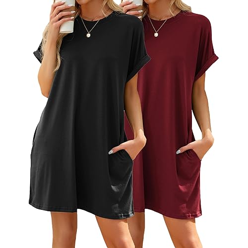 Women's Summer 2 Pack Casual Short Sleeve T-Shirt Dress Solid Color Round Neck Loose with Pockets Dresses