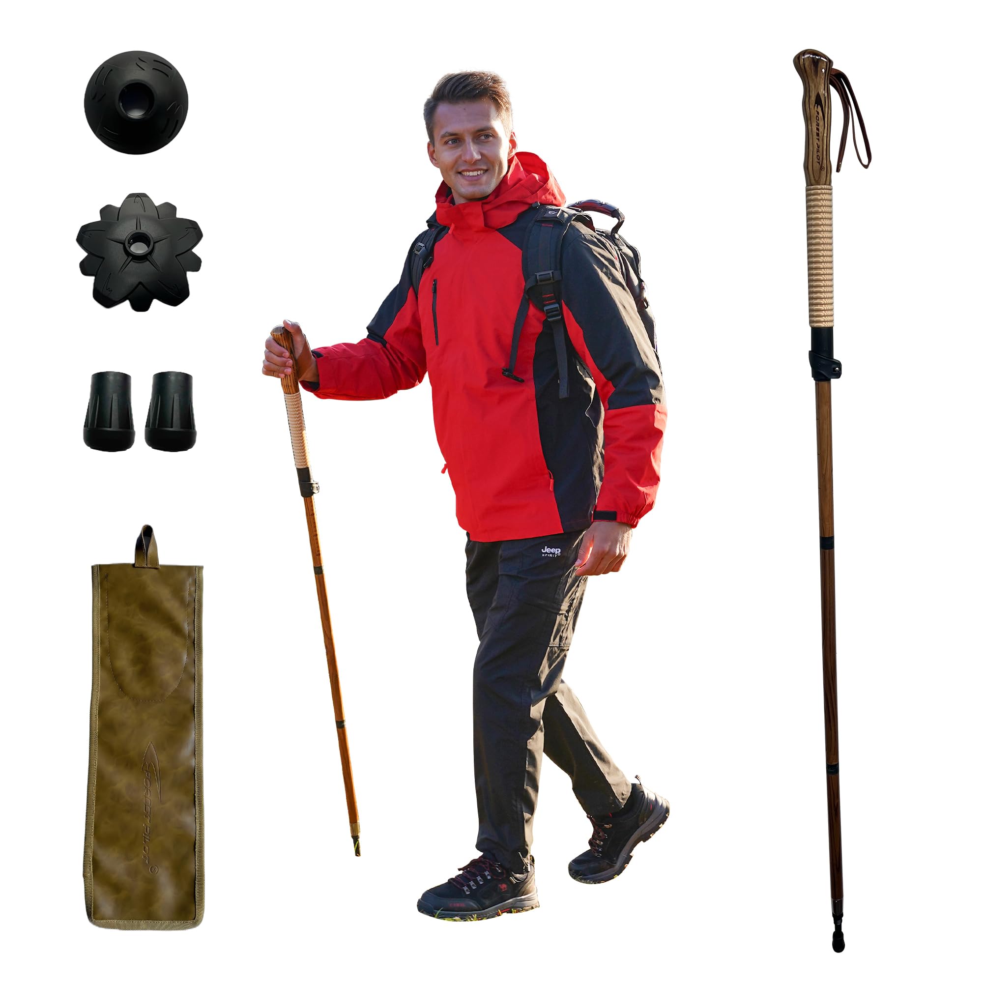 FOREST PILOT Trekking Pole - 1pc Pack Sassafras Wood Adjustable&Detachable Hiking or Walking Stick (Brown)