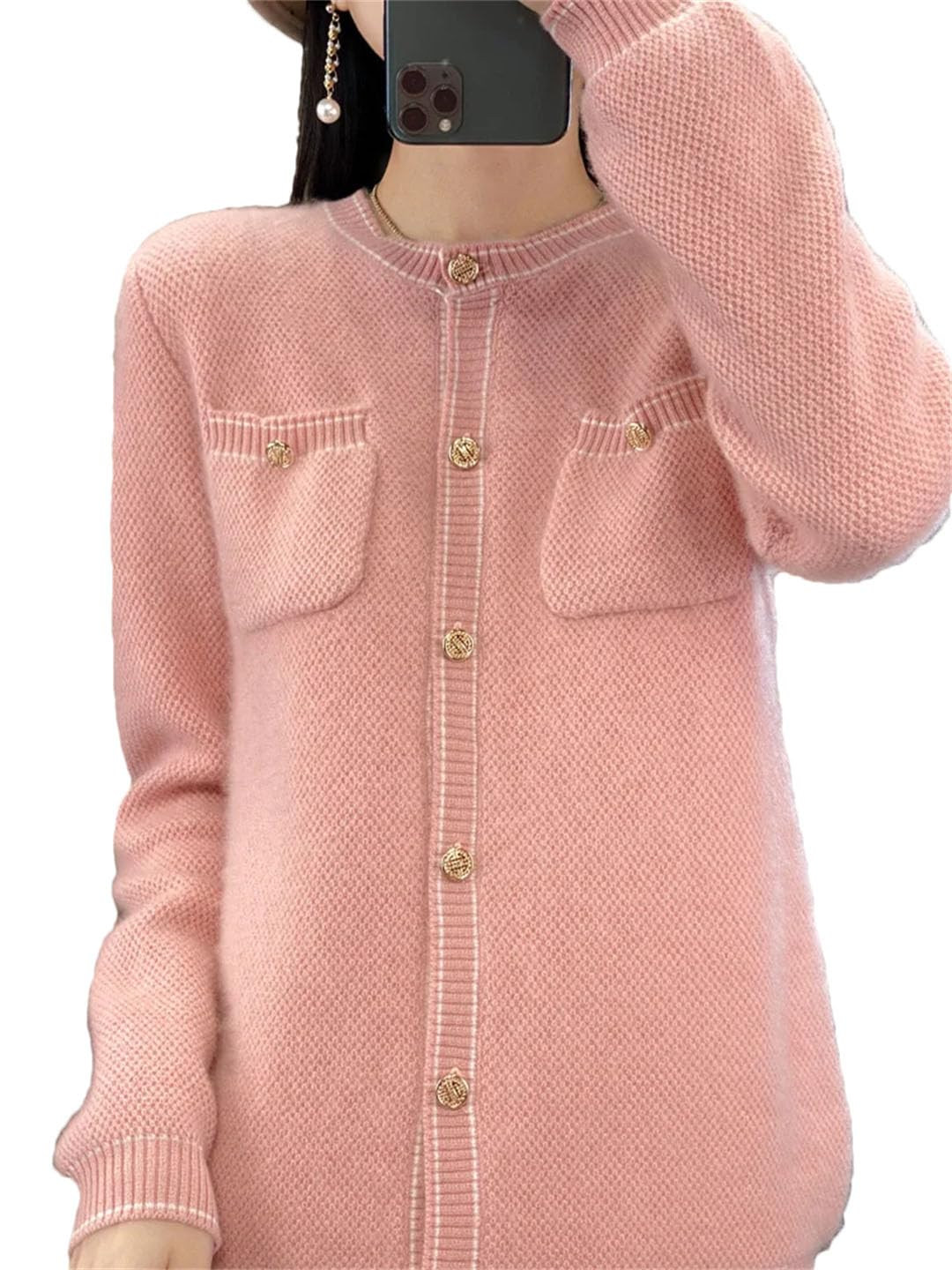 Suéter de punto liso suave con cuello redondo para mujer, estilo vintage, bolsillos