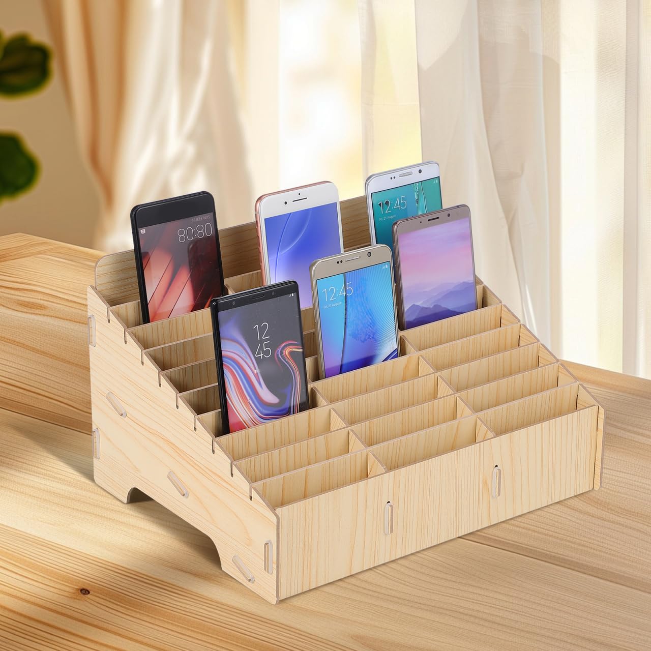 Caja de almacenamiento de madera para teléfono móvil, 30 compartimentos, organizador de mesa grande