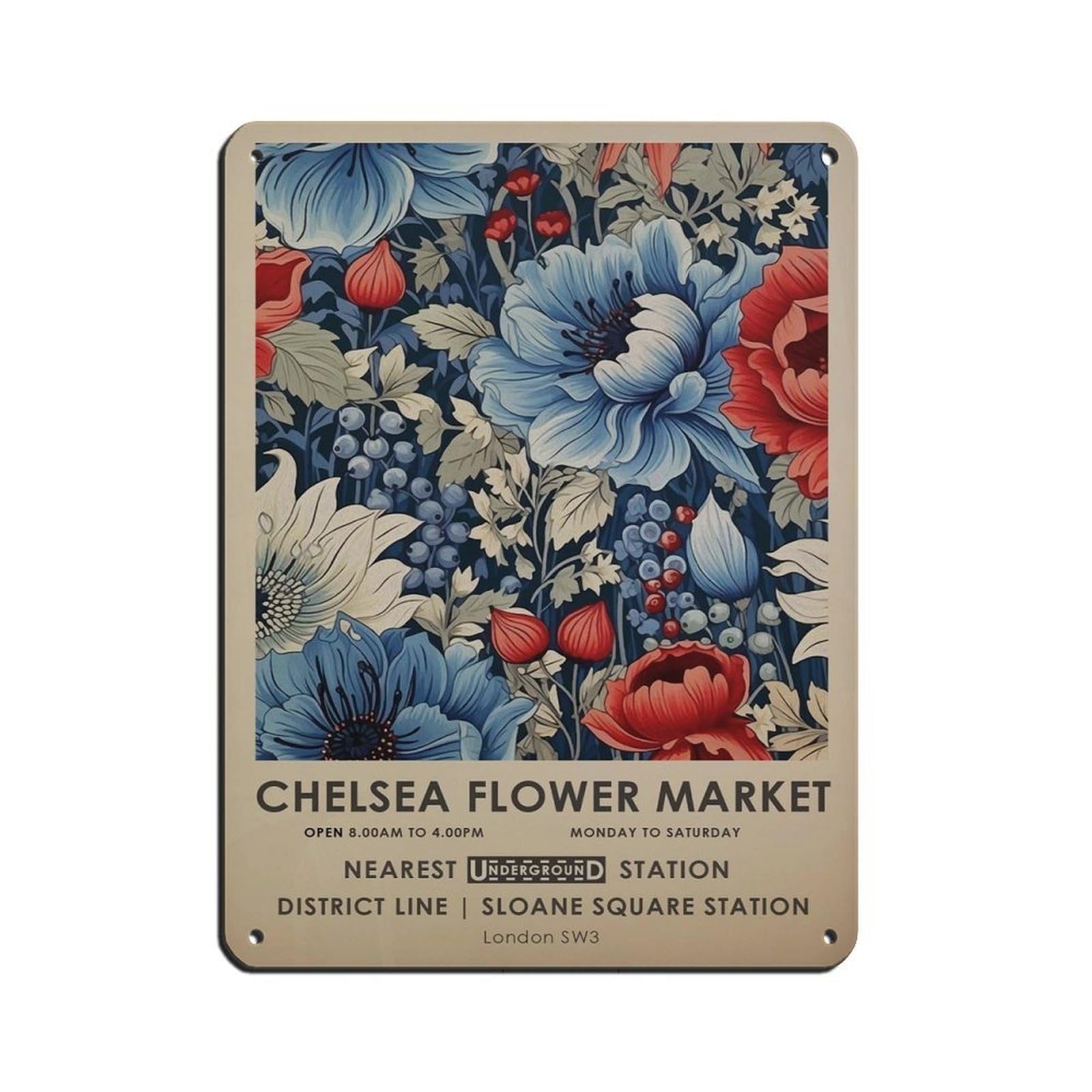 Chelsea Flower Market, Red Vintage Floral Tin Sign Vintage Metal Pub Club Cafe Bar Home Wall Art Decoration Poster Retro 12x16inch(30x40cm)