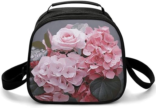 Cute Lunch Box for Men Women,Pink Rose Hydrangea Reusable Insulated Lunch Bag Cooler for Work Picnic Or Travel