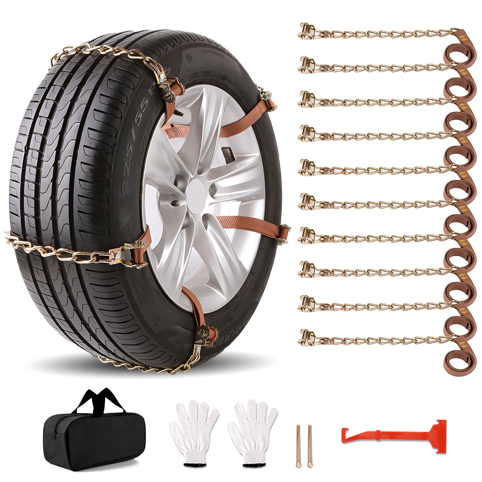 Emergency Snow Chains, Universal Tire Snow Chains for car suv semi trucks atv, Applicable Tire Width 225-295mm, Durable, Higher Stability (Set of 10)