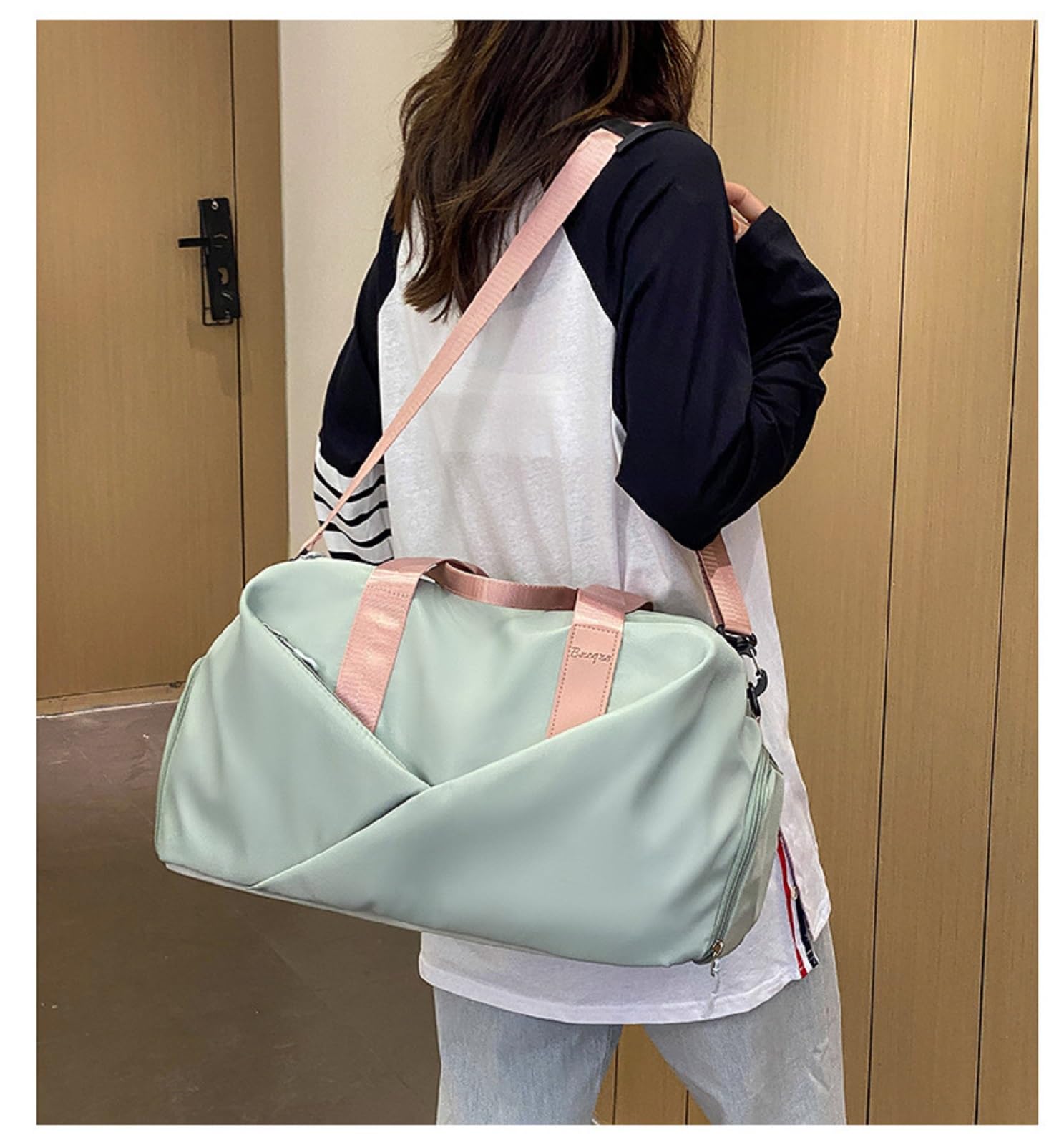 Sac de sport, sac de sport pour femme, compartiment à chaussures séparé, sac de yoga, sac de plage séparé pour séparation humide et sèche, Vert et rose, Large, Loisirs