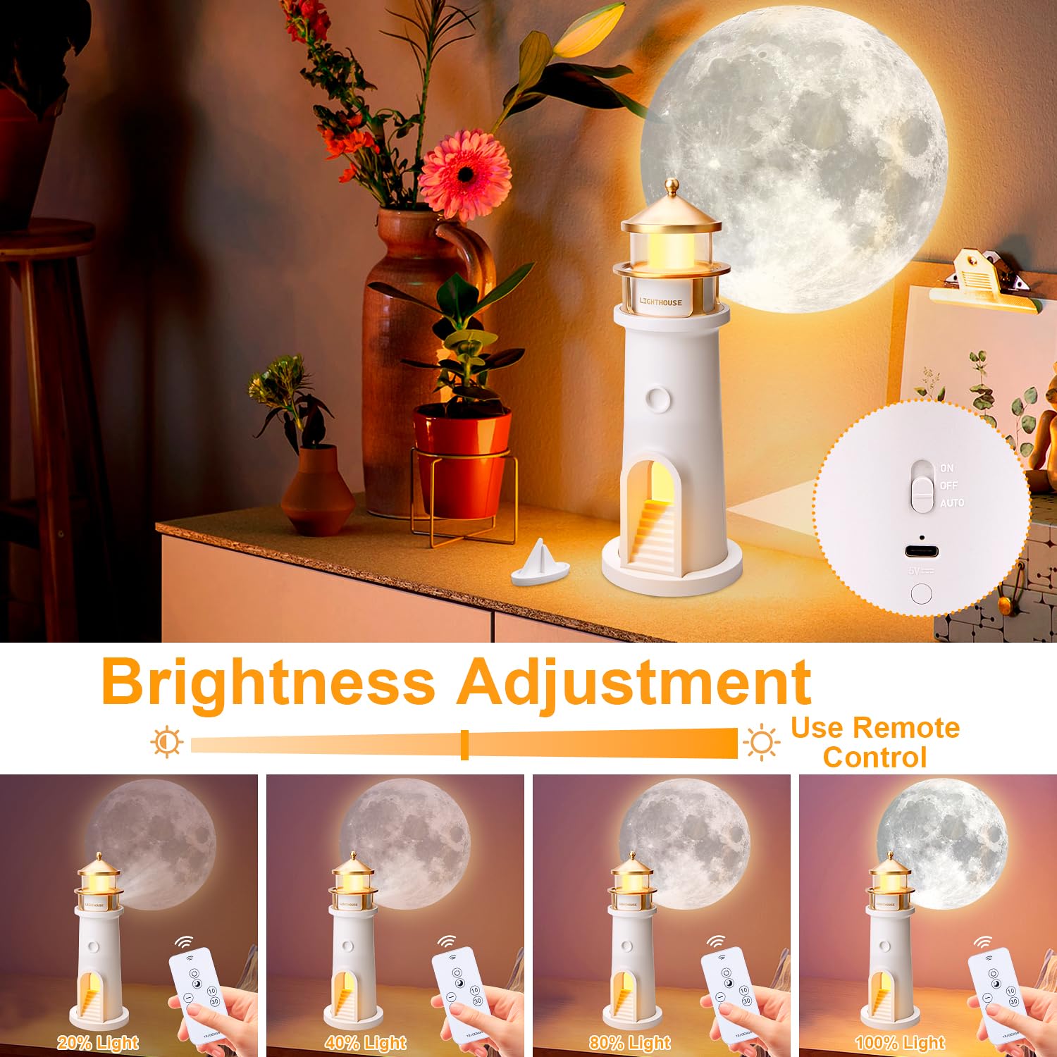 Vibbang Decoración de Faro, Lámpara de Faro Luna, Lámpara de Faros de Proyección de Luna con Control Remoto, Lámpara de Noche Creativa de Torre Regalo de Faros de Lunas para Niños Dormitorio