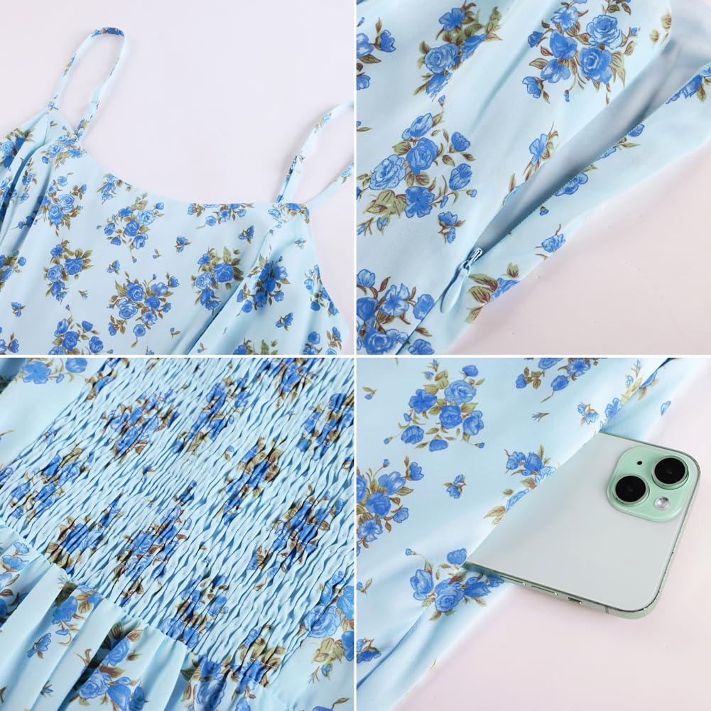 Belle Poque Dame Blumen Kleid Ärmellose Spaghettiträger A-Linie Midi Sonnenkleid Freizeit Boho Kleid mit Taschen Urlaubs Strandkleid