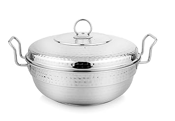 Prabha Stainless Steel Hammered Multi Kadhai, 26cm, 6Plates, Transparent Glass Lid, Multi Function, 5 Year Manufacturer Warranty