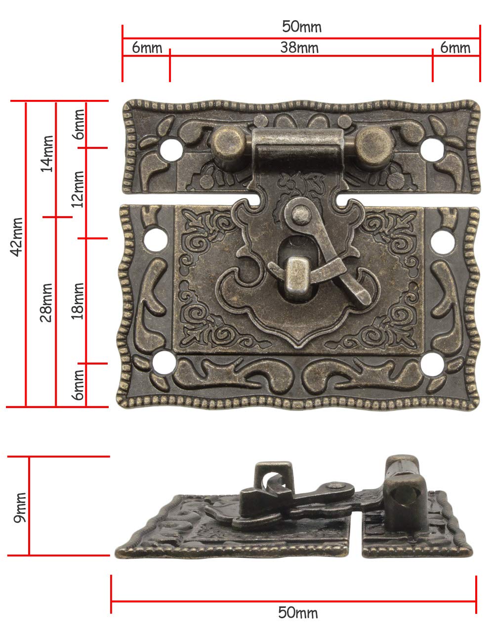 FUXXER®, 2 Serrature anticate, chiusura a gancio, design in bronzo, serrrature per cassette scorrevoli, 50 x 42 mm, con viti, 2 set