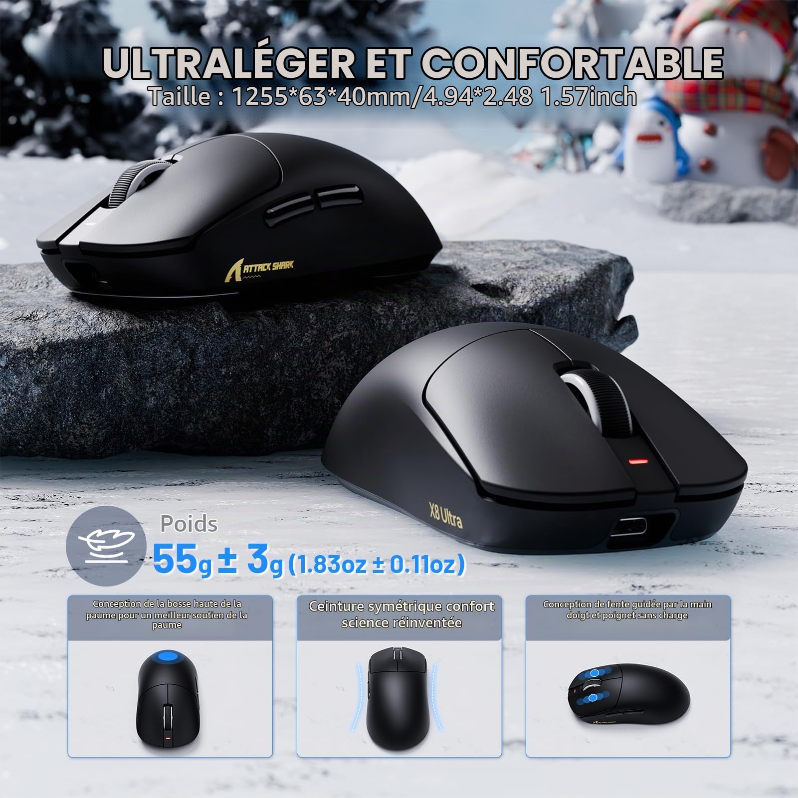 ATTACK SHARK X8 Ultra 8KHz Souris Gaming Sans Fil, 55g Ultraléger, Nordic52840, PAW3950MAX, 42KDPI, BT/2.4Ghz/Filaires, Revêtement Nano Frais, Grosses Mains, 500mAh, SW & Web Driver,Pour PC/Mac (Noir)