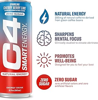 Cellucor C4 Smart Energy Drink – Boost Focus and Energy with Zero Sugar, Natural Energy, and Nootropics - 200mg Caffeine - Cherry Berry Lime (12oz Pack of 12)