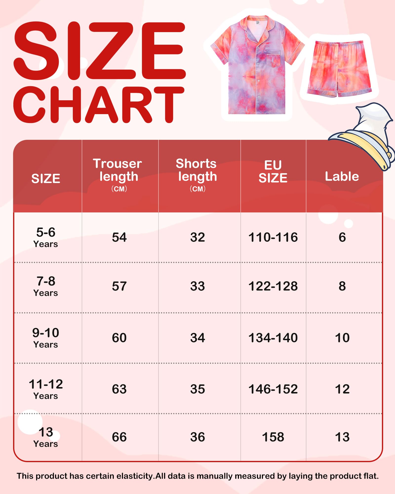 KAKU NANU Pijama de Satén para Niñas Verano 5-13 Años,Conjunto de 2 Piezas con Botones de Manga Corta-Pijama de Verano Transpirable y Suave 5 Estampados Surtidos