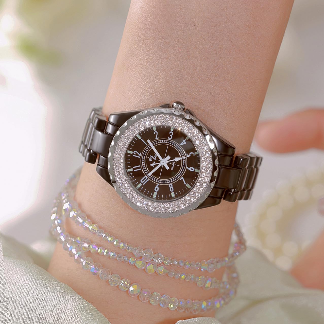 Reloj analógico de cuarzo con cristal de Swarovski, resistente al agua, de cerámica blanca, para mujer, Negro -