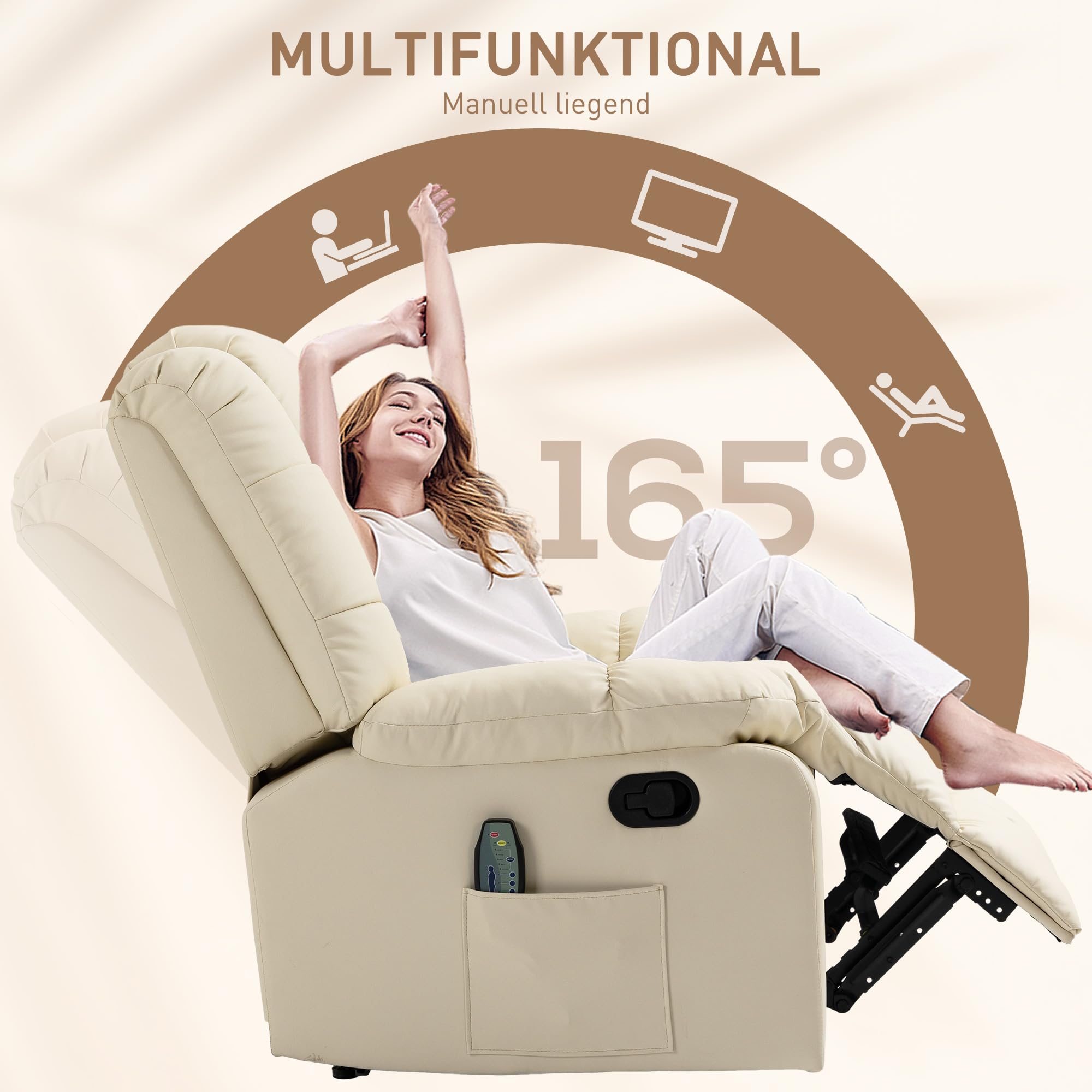 HOMCOM Relaxsessel Massagesessel mit Liegefunktion Vibration Cremeweiß | Fernsehsessel, Vibration, Seitentasche, TV Sessel, Liegesessel, Ruhesessel, Wohnzimmer