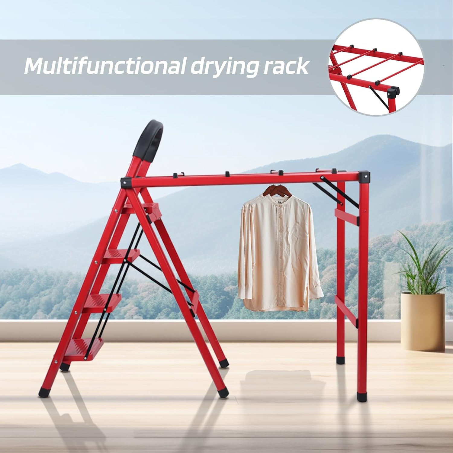 Foldable Drying Rack with Non-Slip 4 Step Ladder, Load Clothing Shoes Drying Holder, Standing Hanger Rack for Room, Balcony, Bedroom Red Four Layer