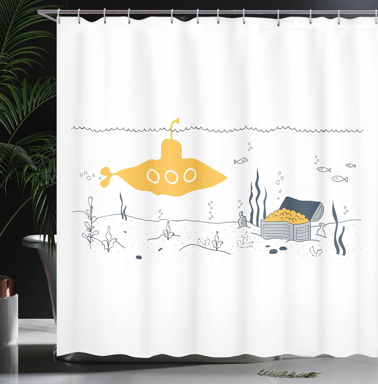 Ambesonne Yellow Submarine Shower Curtain, Submarine Fish and a Treasure Chest on The Sea Bottom Print, Cloth Fabric Bathroom Decor Set with Hooks, 69" W x 84" L, White and Earth Yellow