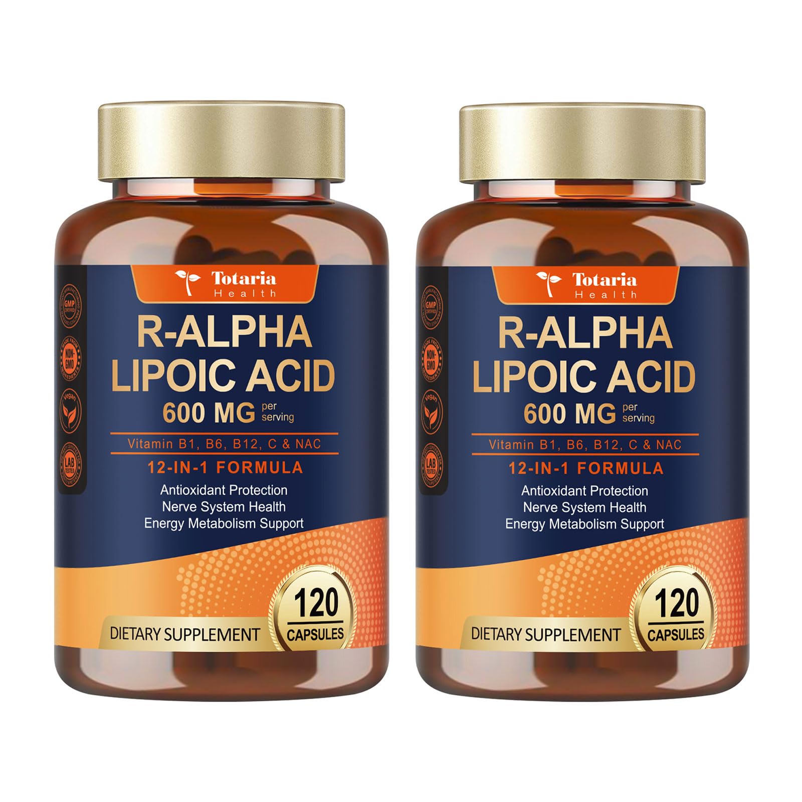 Totaria (2 Packs) R Alpha Lipoic Acid 600mg - Stabilized ALA Supplement for Neuropathy Support Capsules, Nerve Health, Nervous System and Antioxidant, Non-GMO, Gluten Free, Vegan Safe 120 Counts 120 Count (Pack of 2)